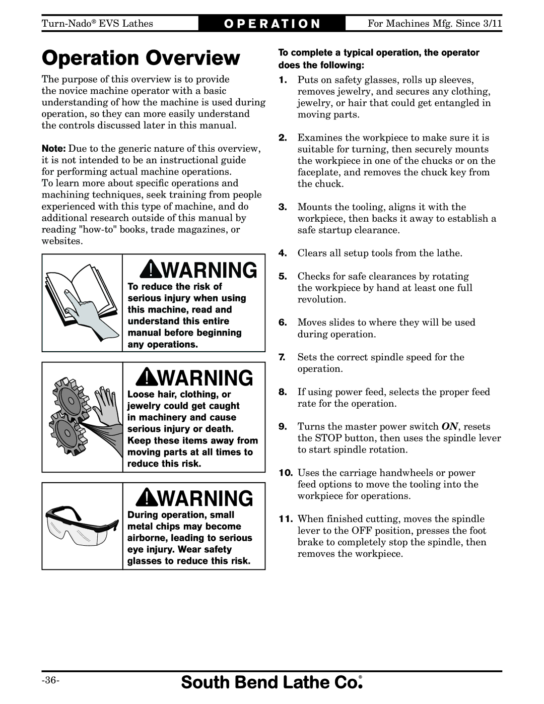 Southbend SB1042PF owner manual Operation Overview 