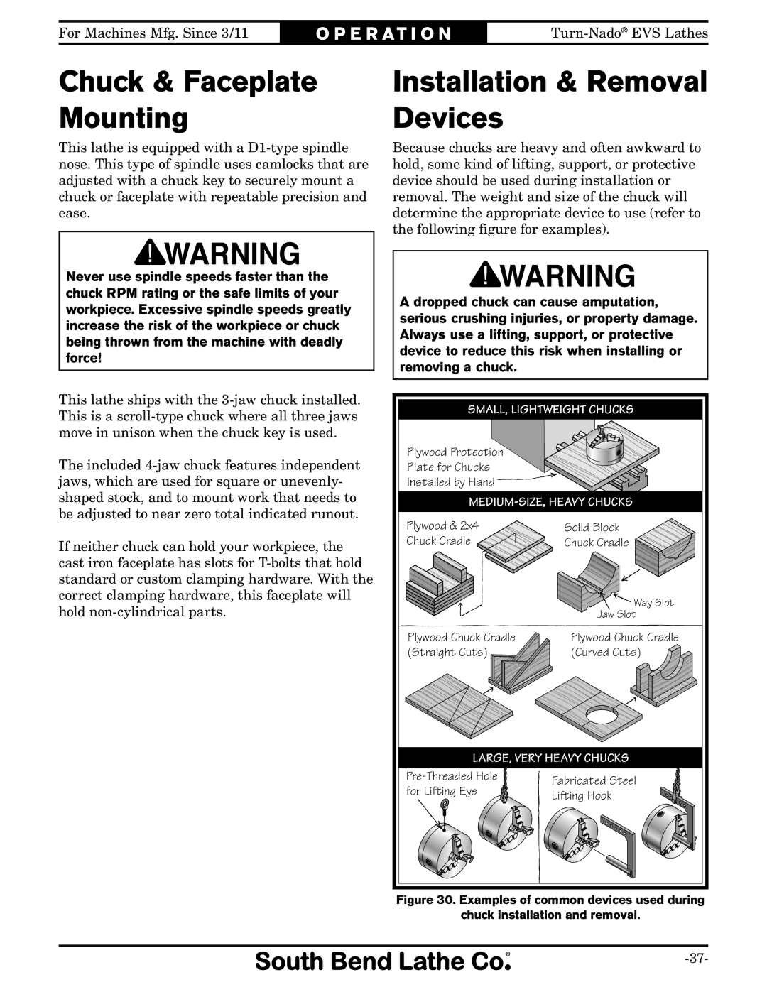 Southbend SB1042PF owner manual Installation & Removal Devices, Chuck & Faceplate Mounting 