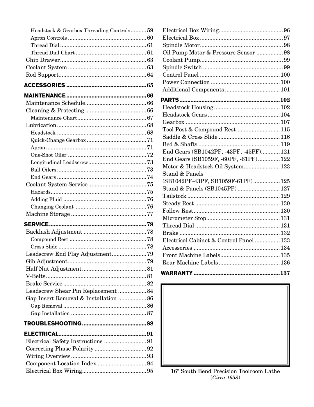 Southbend SB1042PF owner manual Warranty 