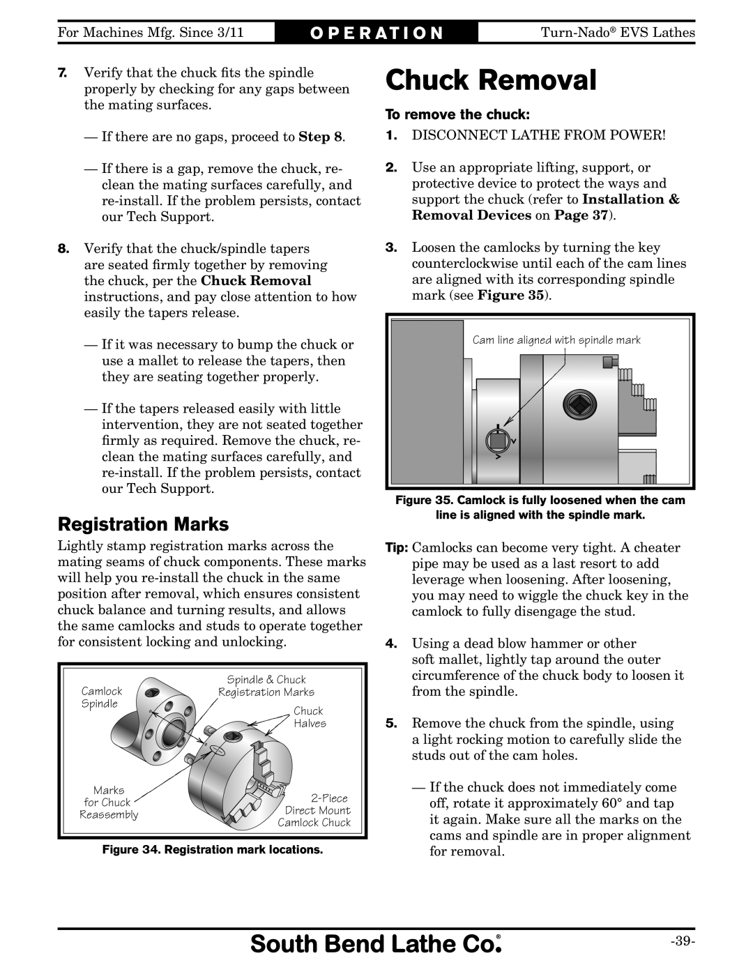 Southbend SB1042PF owner manual Chuck Removal, Registration Marks, To remove the chuck 