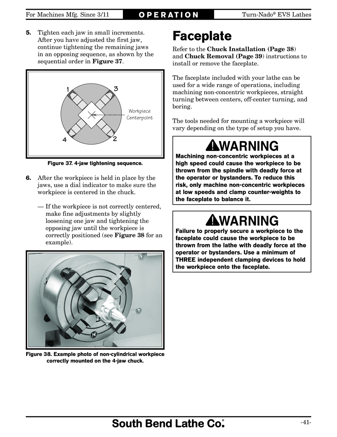 Southbend SB1042PF owner manual Faceplate, Jaw tightening sequence 