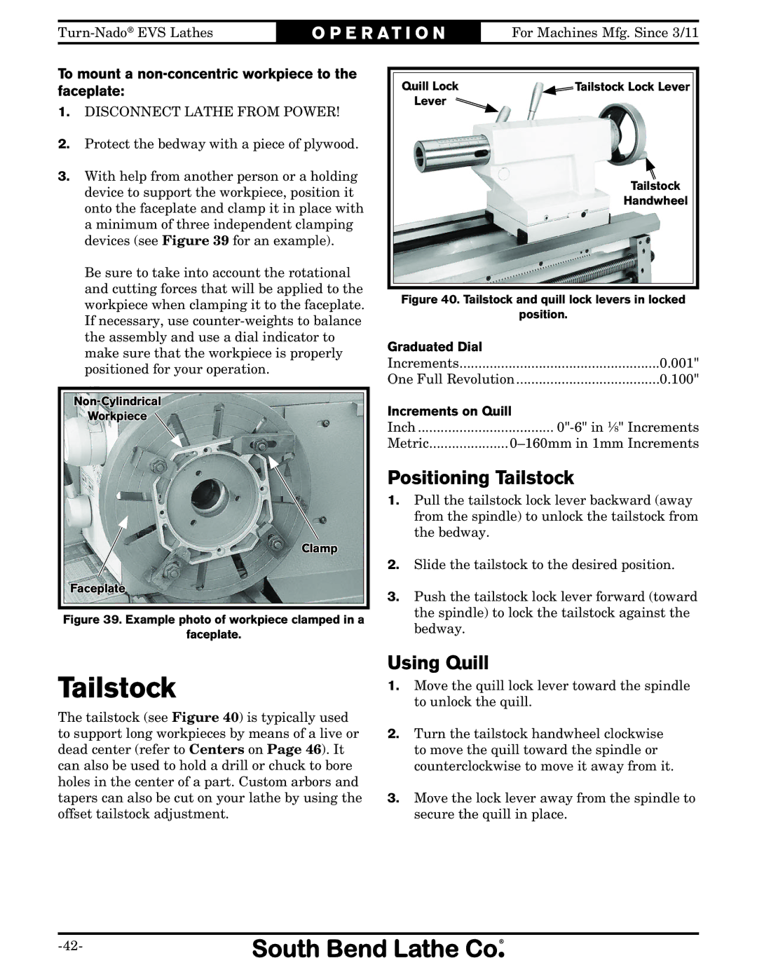 Southbend SB1042PF Positioning Tailstock, Using Quill, To mount a non-concentric workpiece to the faceplate 