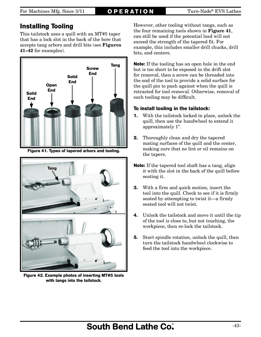 Southbend SB1042PF owner manual Installing Tooling, To install tooling in the tailstock 