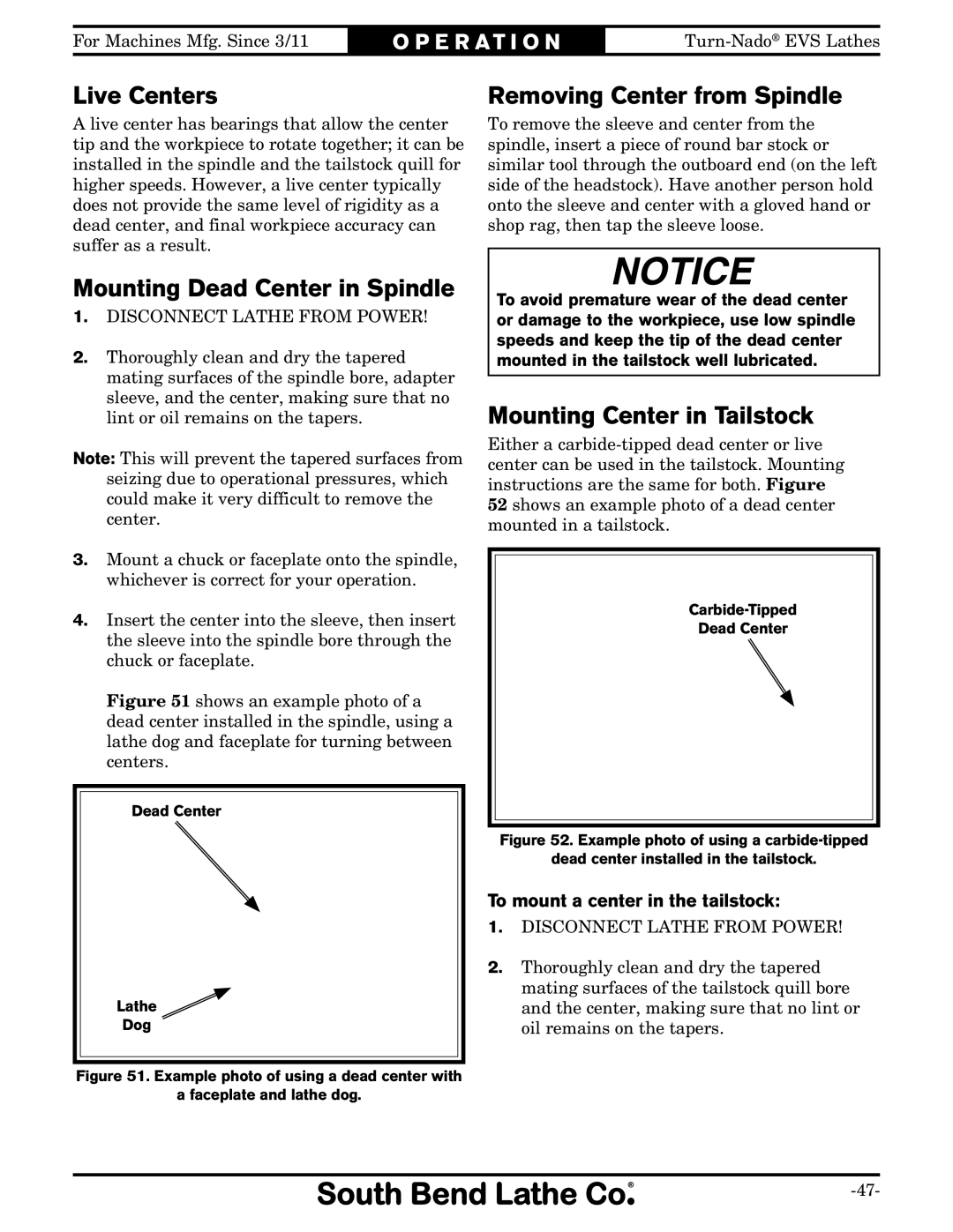 Southbend SB1042PF owner manual Live Centers, Mounting Dead Center in Spindle, Removing Center from Spindle 
