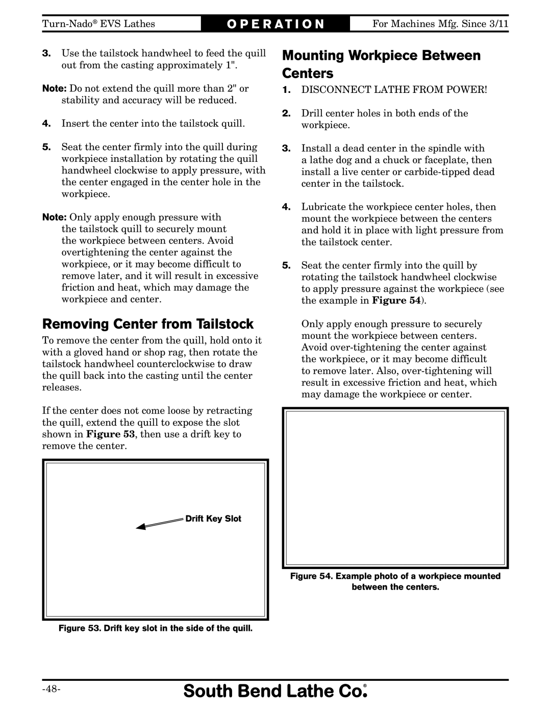 Southbend SB1042PF owner manual Removing Center from Tailstock, Mounting Workpiece Between Centers 