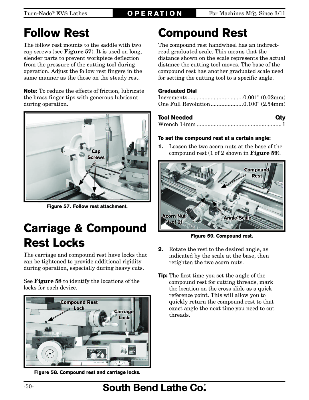 Southbend SB1042PF owner manual Follow Rest, Compound Rest, Tool Needed Qty, To set the compound rest at a certain angle 