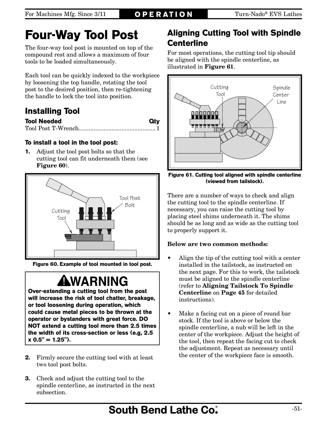 Southbend SB1042PF owner manual Four-Way Tool Post, Installing Tool, Aligning Cutting Tool with Spindle Centerline, 5 = 