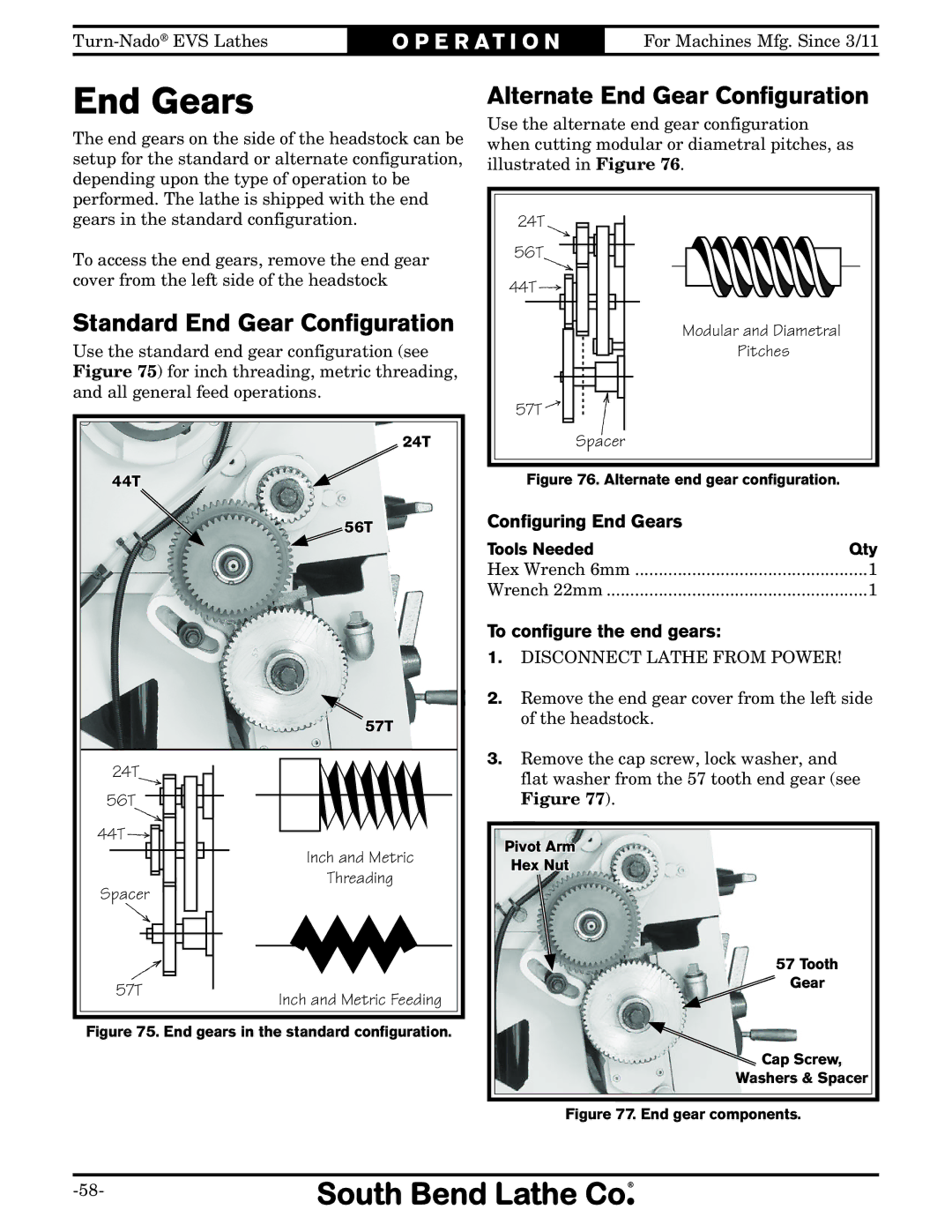 Southbend SB1042PF owner manual Standard End Gear Conﬁguration, Alternate End Gear Conﬁguration, Conﬁguring End Gears 