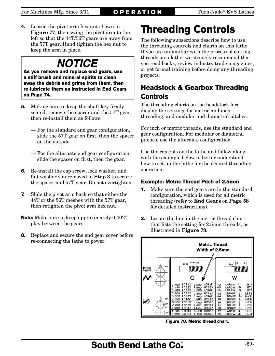 Southbend SB1042PF owner manual Headstock & Gearbox Threading Controls, Example Metric Thread Pitch of 2.5mm 