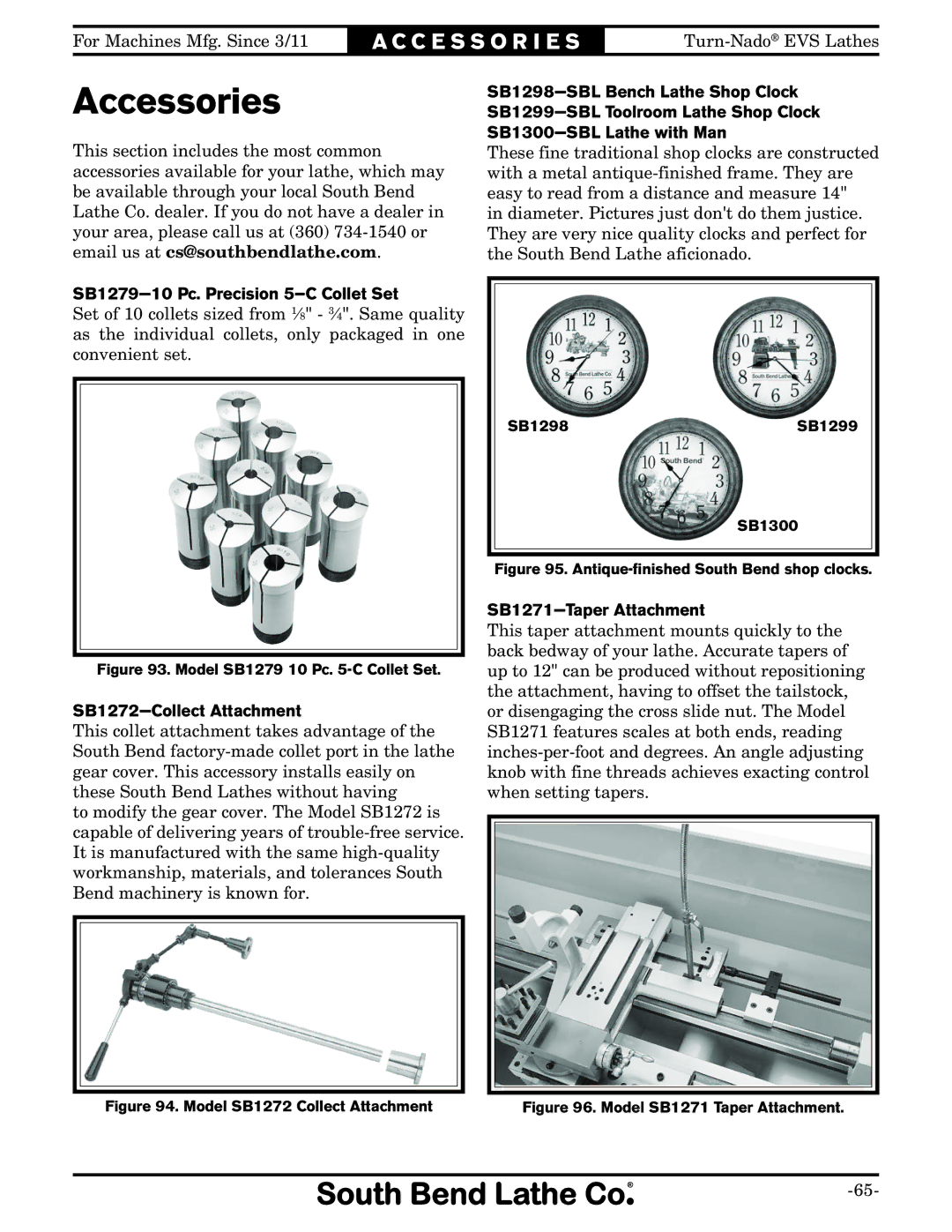 Southbend SB1042PF Accessories, SB1279-10 Pc. Precision 5-C Collet Set, SB1272-Collect Attachment, SB1271-Taper Attachment 