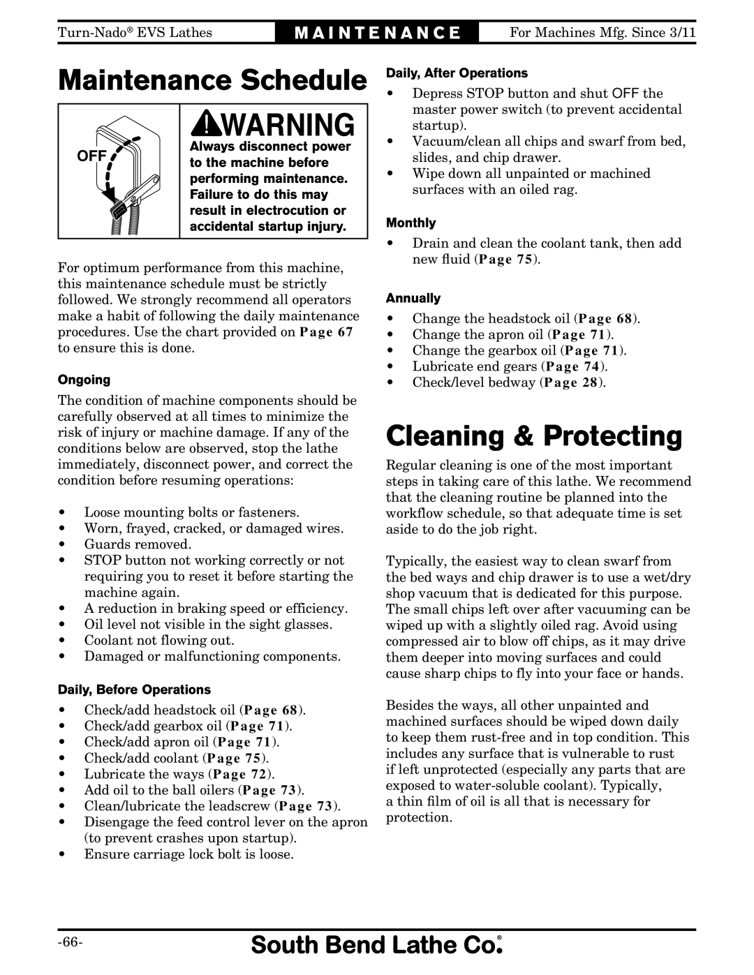 Southbend SB1042PF owner manual Maintenance Schedule 