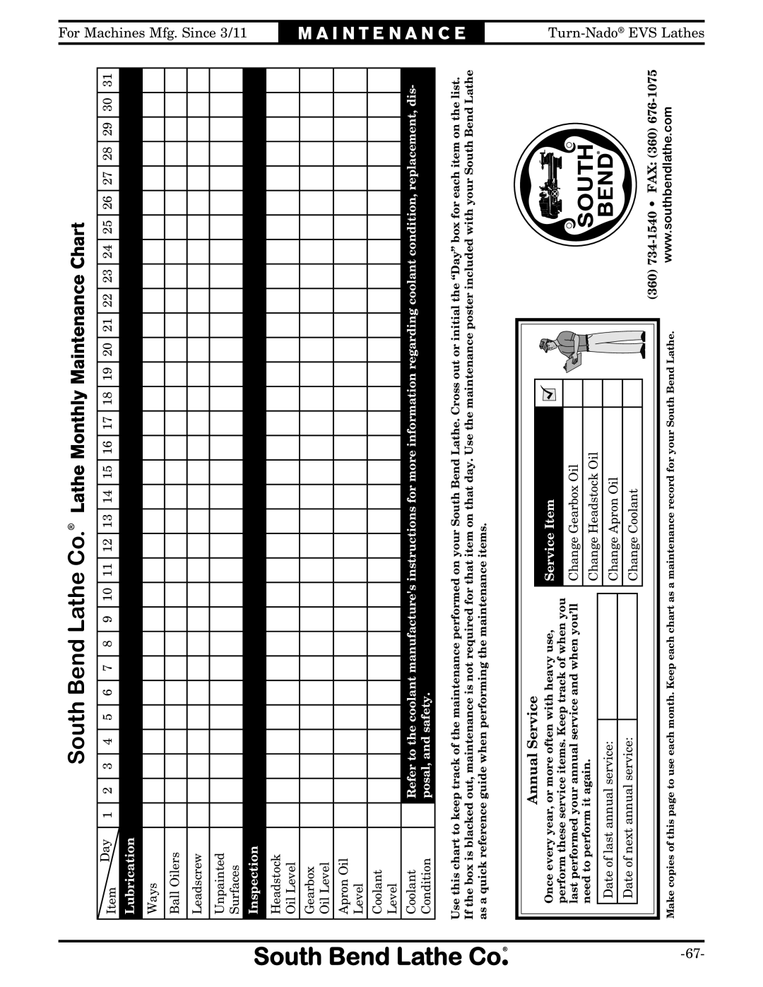 Southbend SB1042PF owner manual South Bend Lathe Co. Lathe Monthly Maintenance Chart 