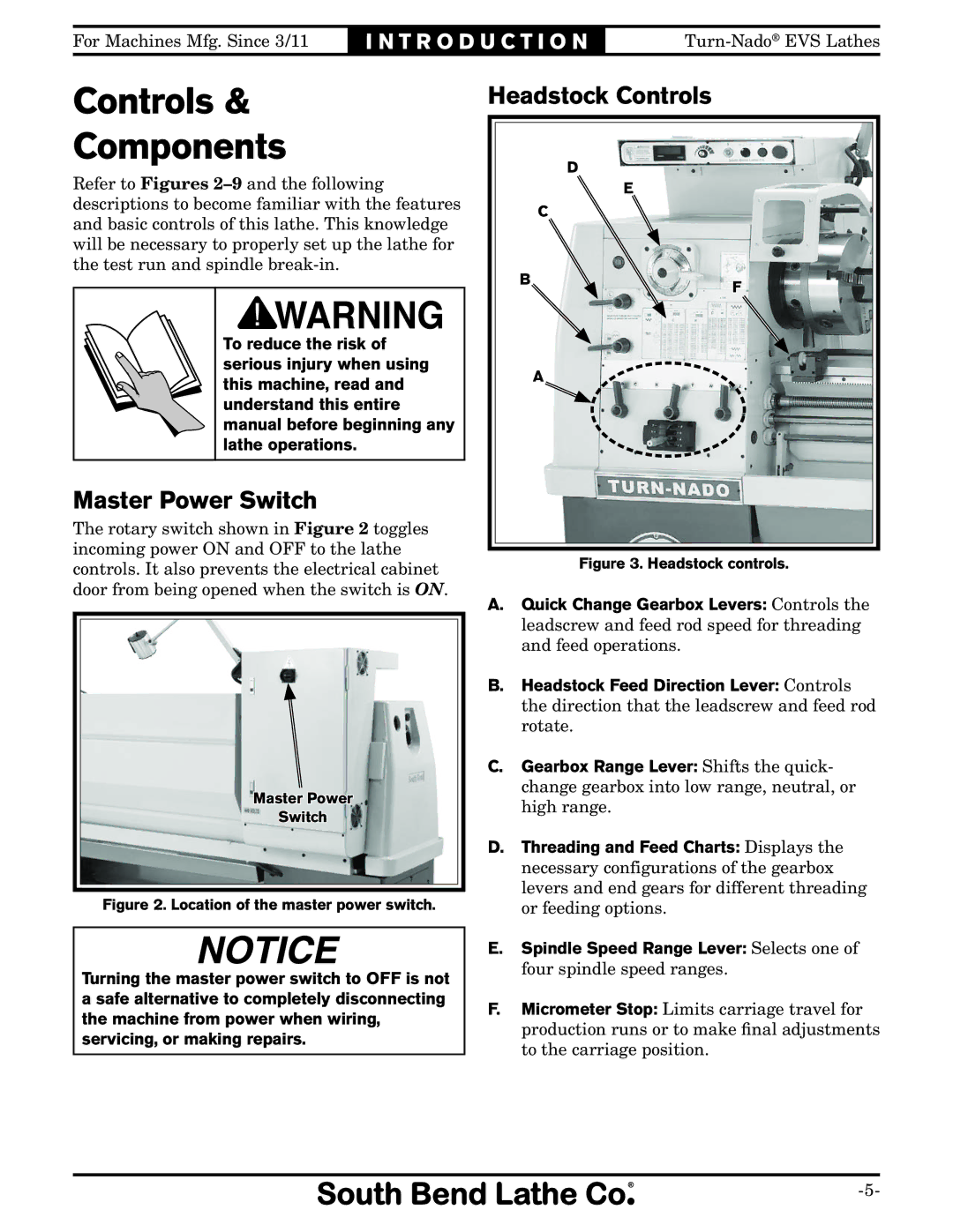 Southbend SB1042PF owner manual Controls Components, Master Power Switch, Headstock Controls 