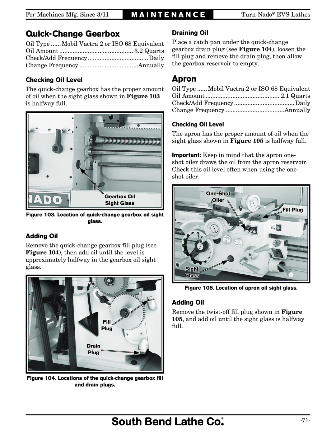 Southbend SB1042PF owner manual Quick-Change Gearbox, Apron, Draining Oil, Checking Oil Level, Adding Oil 