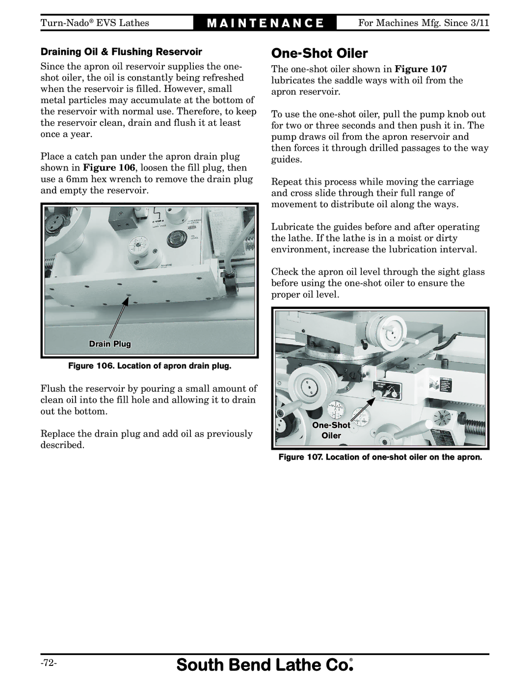 Southbend SB1042PF owner manual One-Shot Oiler, Draining Oil & Flushing Reservoir 