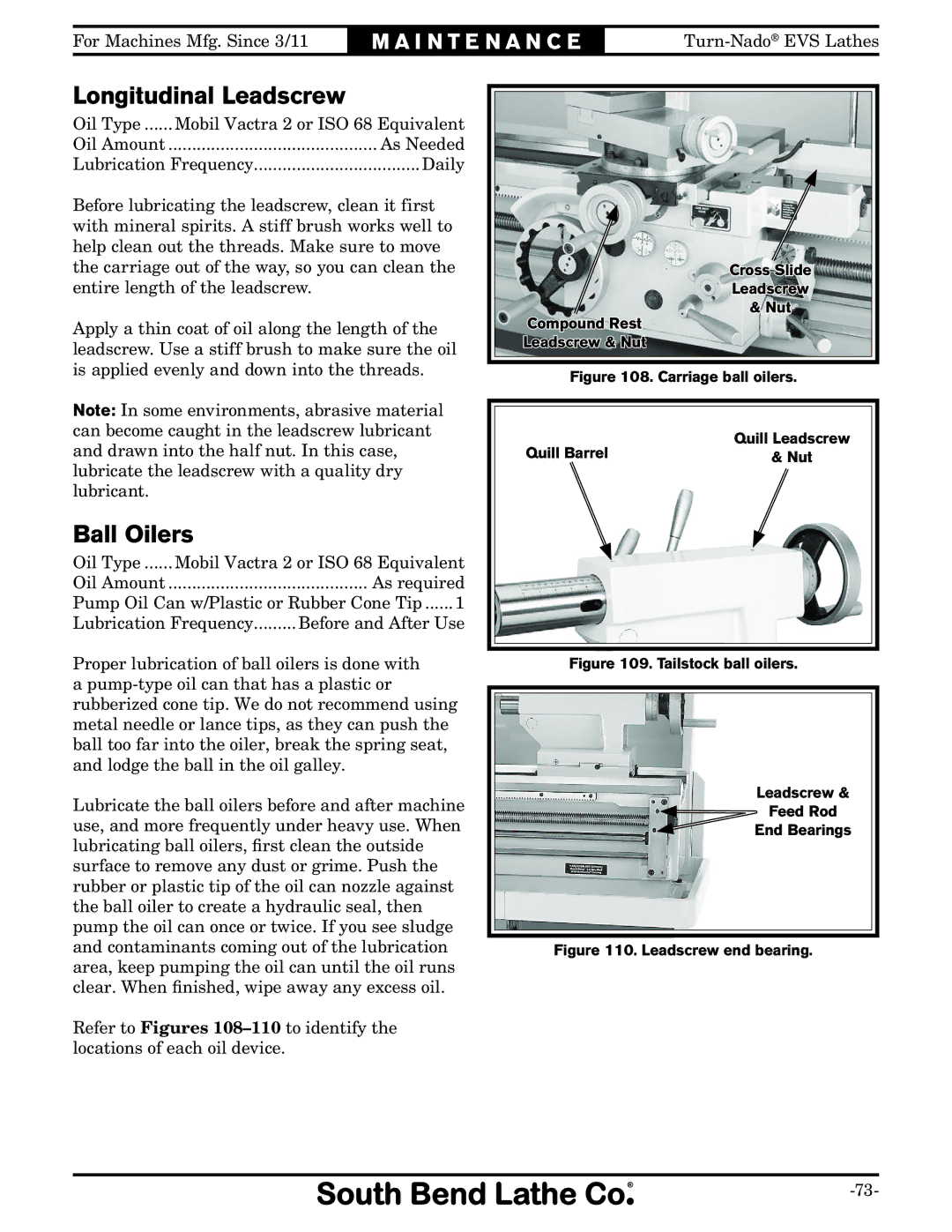 Southbend SB1042PF owner manual Longitudinal Leadscrew, Ball Oilers 