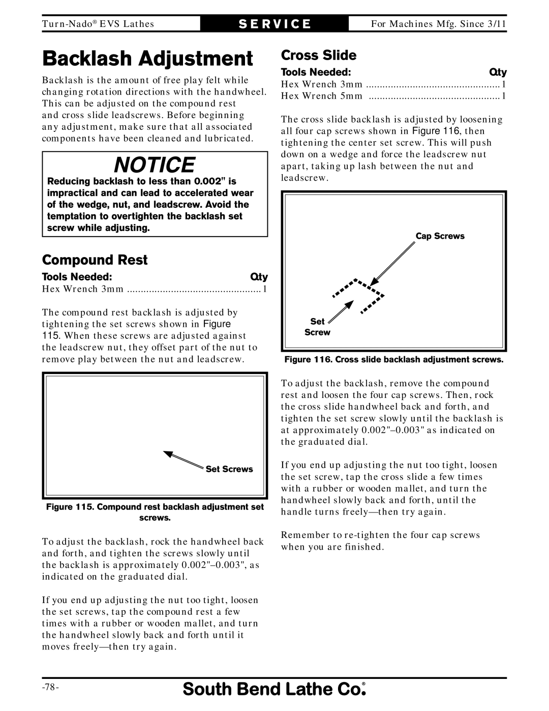 Southbend SB1042PF owner manual Backlash Adjustment, Compound Rest, Cross Slide 