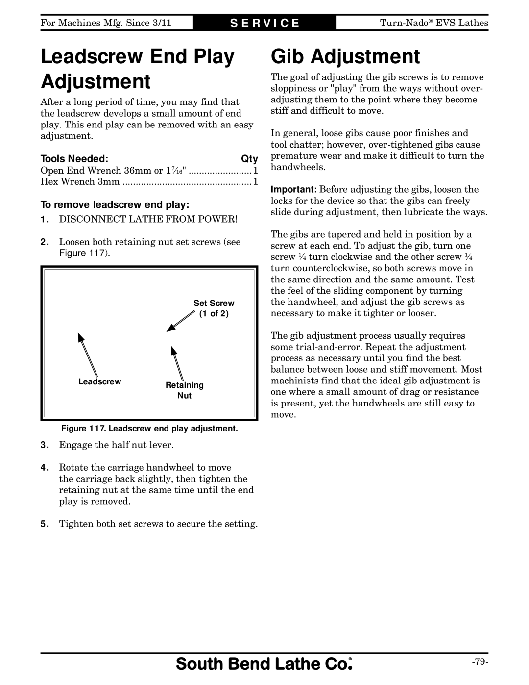 Southbend SB1042PF owner manual Leadscrew End Play Adjustment, Gib Adjustment, To remove leadscrew end play 