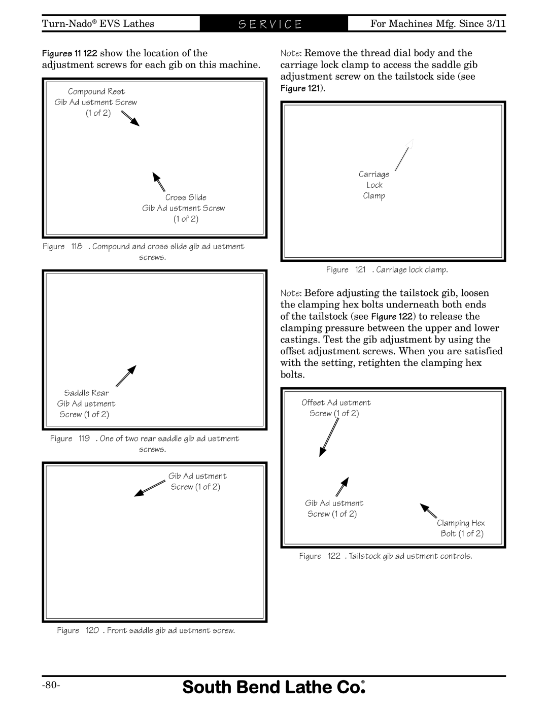 Southbend SB1042PF owner manual Front saddle gib adjustment screw Carriage Lock Clamp 