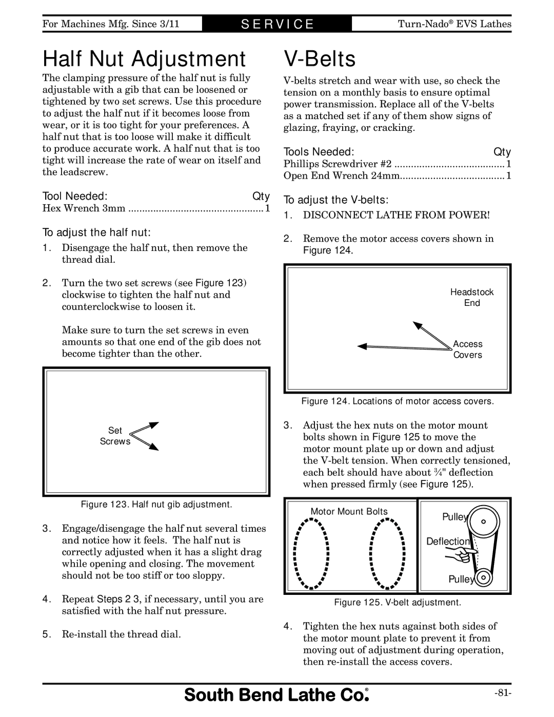 Southbend SB1042PF Half Nut Adjustment, Belts, To adjust the half nut, To adjust the V-belts, Pulley Deflection 