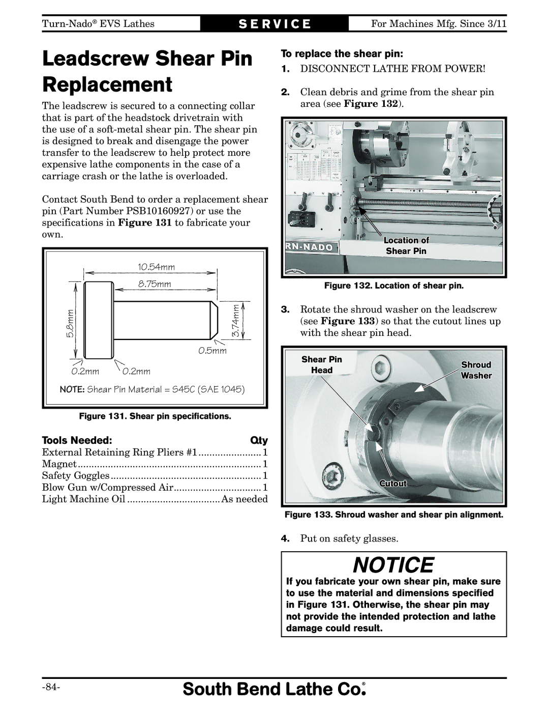 Southbend SB1042PF owner manual Leadscrew Shear Pin Replacement, To replace the shear pin 