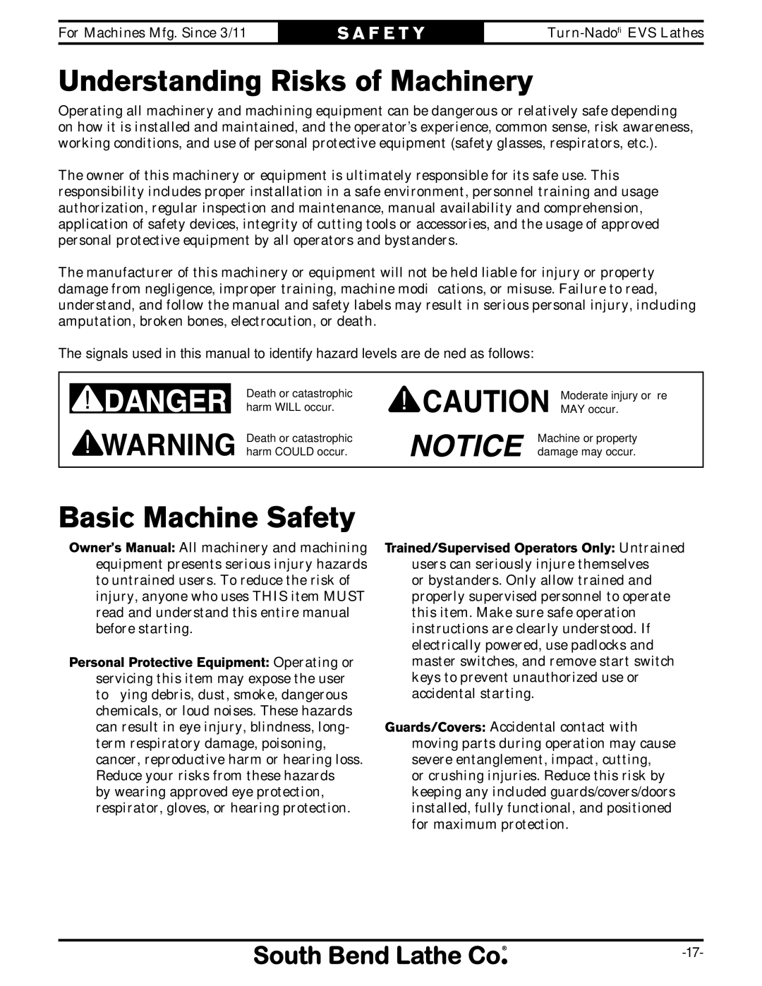 Southbend SB1042PF owner manual Understanding Risks of Machinery, Basic Machine Safety 