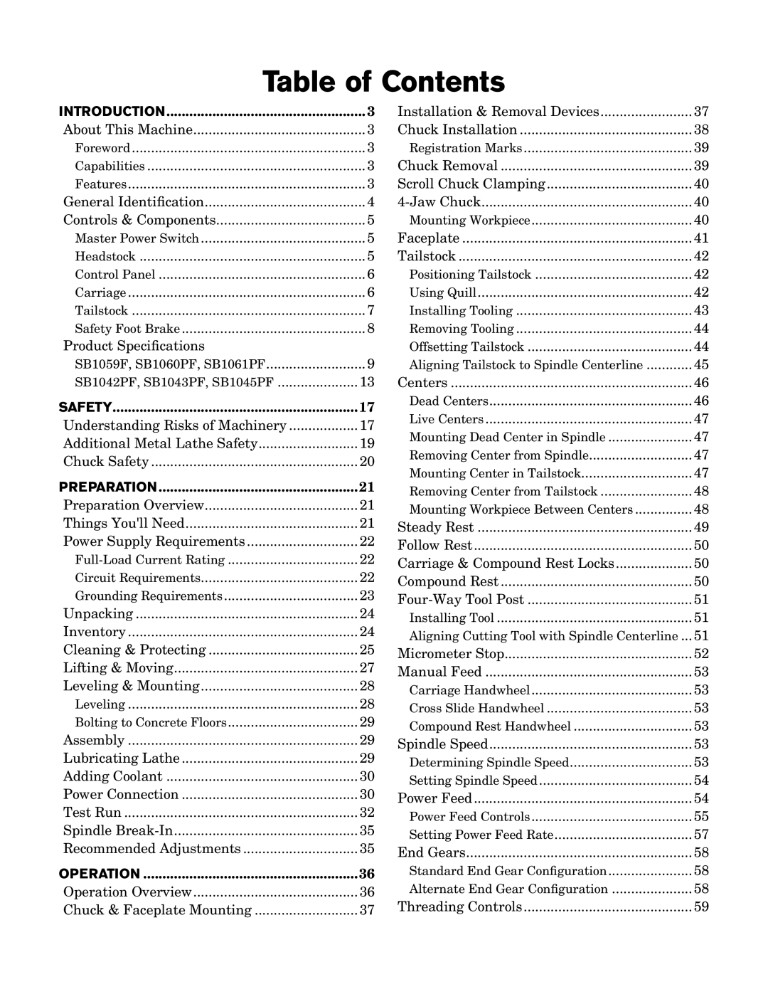 Southbend SB1042PF owner manual Table of Contents 