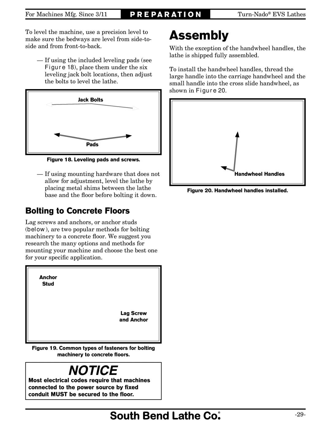 Southbend SB1042PF owner manual Assembly, Bolting to Concrete Floors 