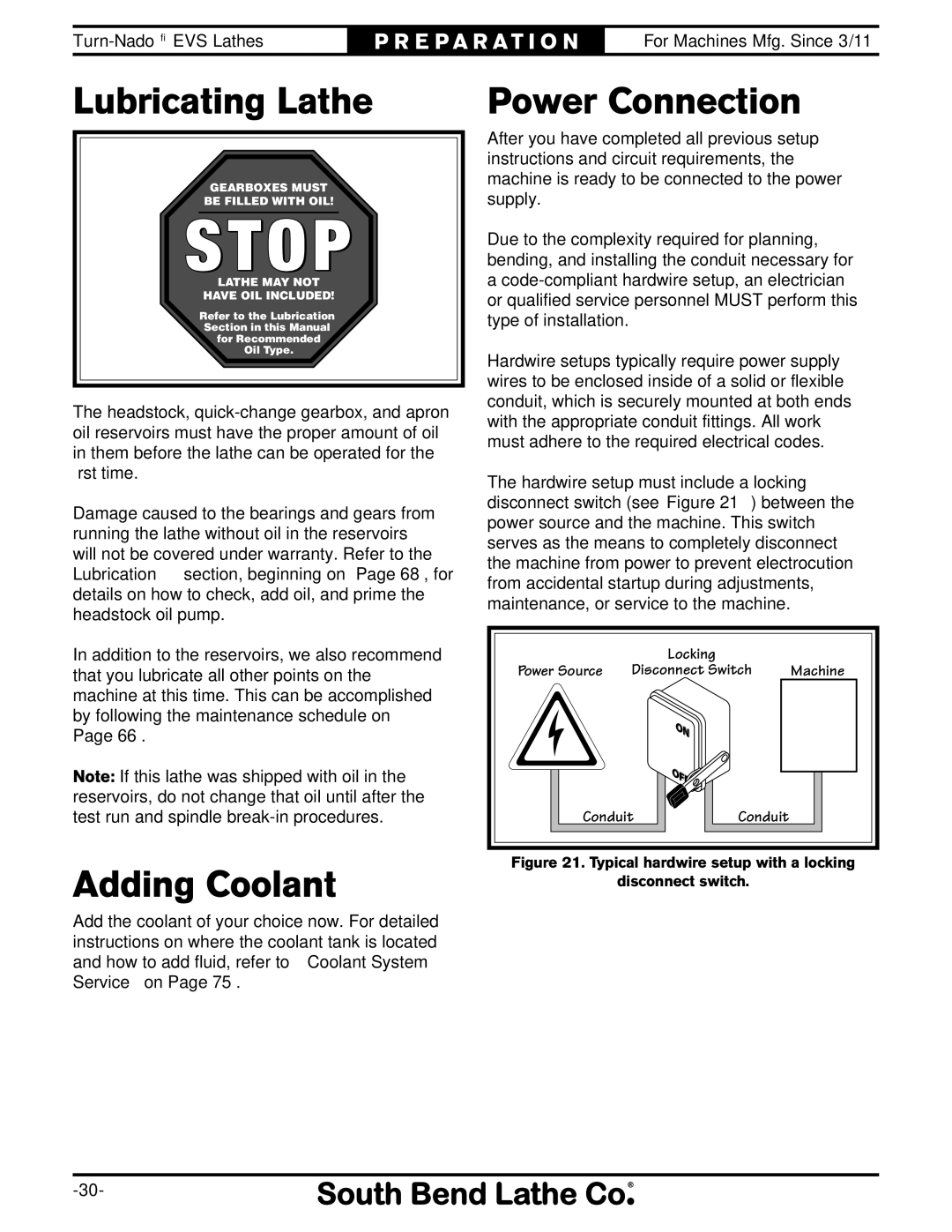 Southbend SB1042PF owner manual Lubricating Lathe, Adding Coolant, Power Connection 