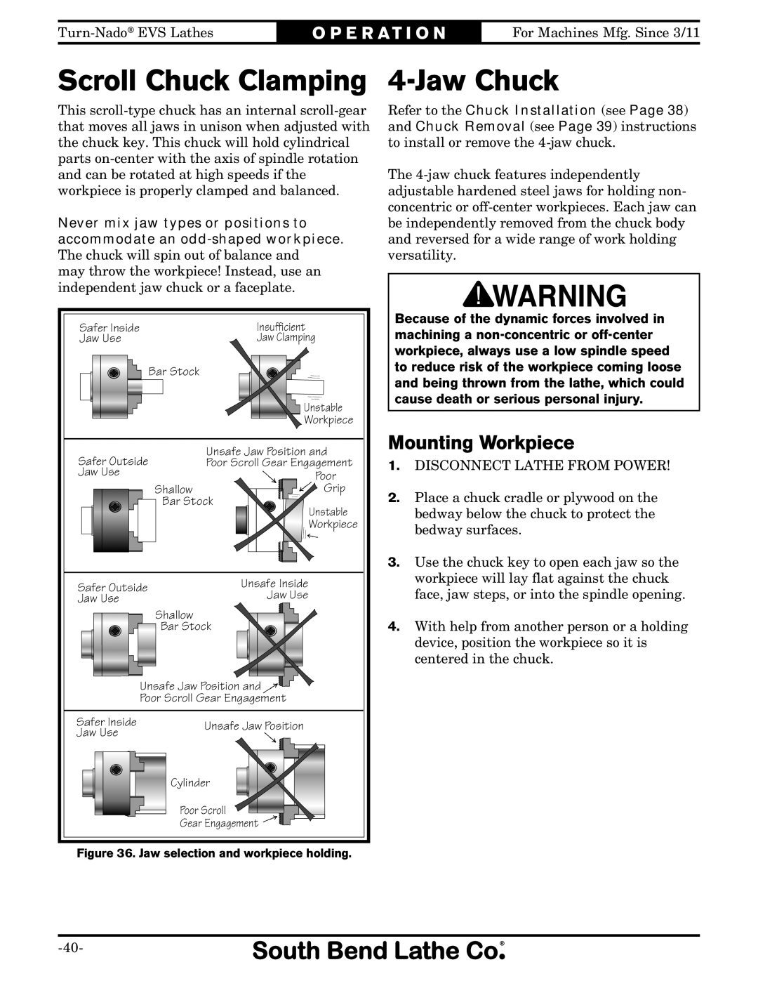 Southbend SB1042PF owner manual Scroll Chuck Clamping, Jaw Chuck, Mounting Workpiece 