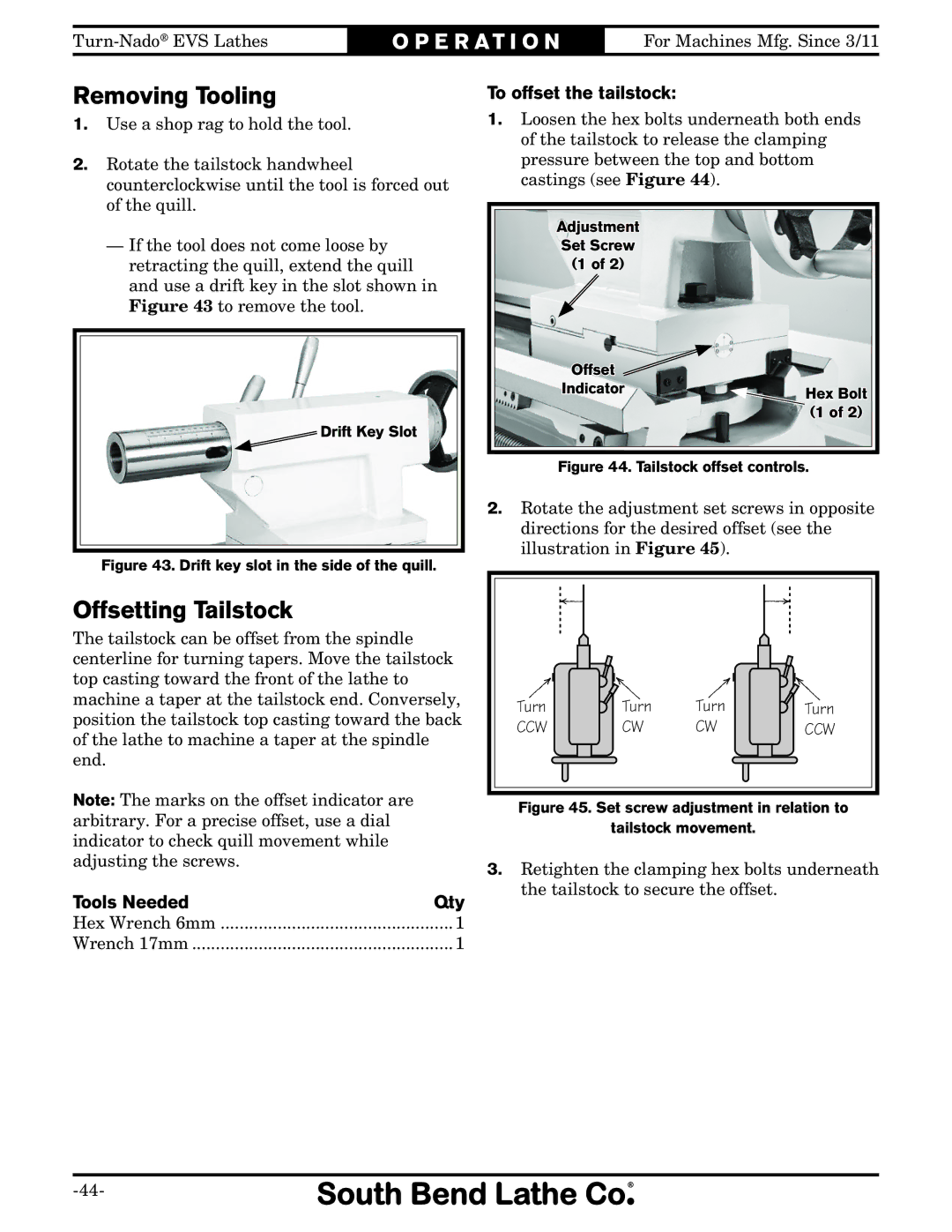 Southbend SB1042PF owner manual Removing Tooling, Offsetting Tailstock, To offset the tailstock, Tools Needed Qty 