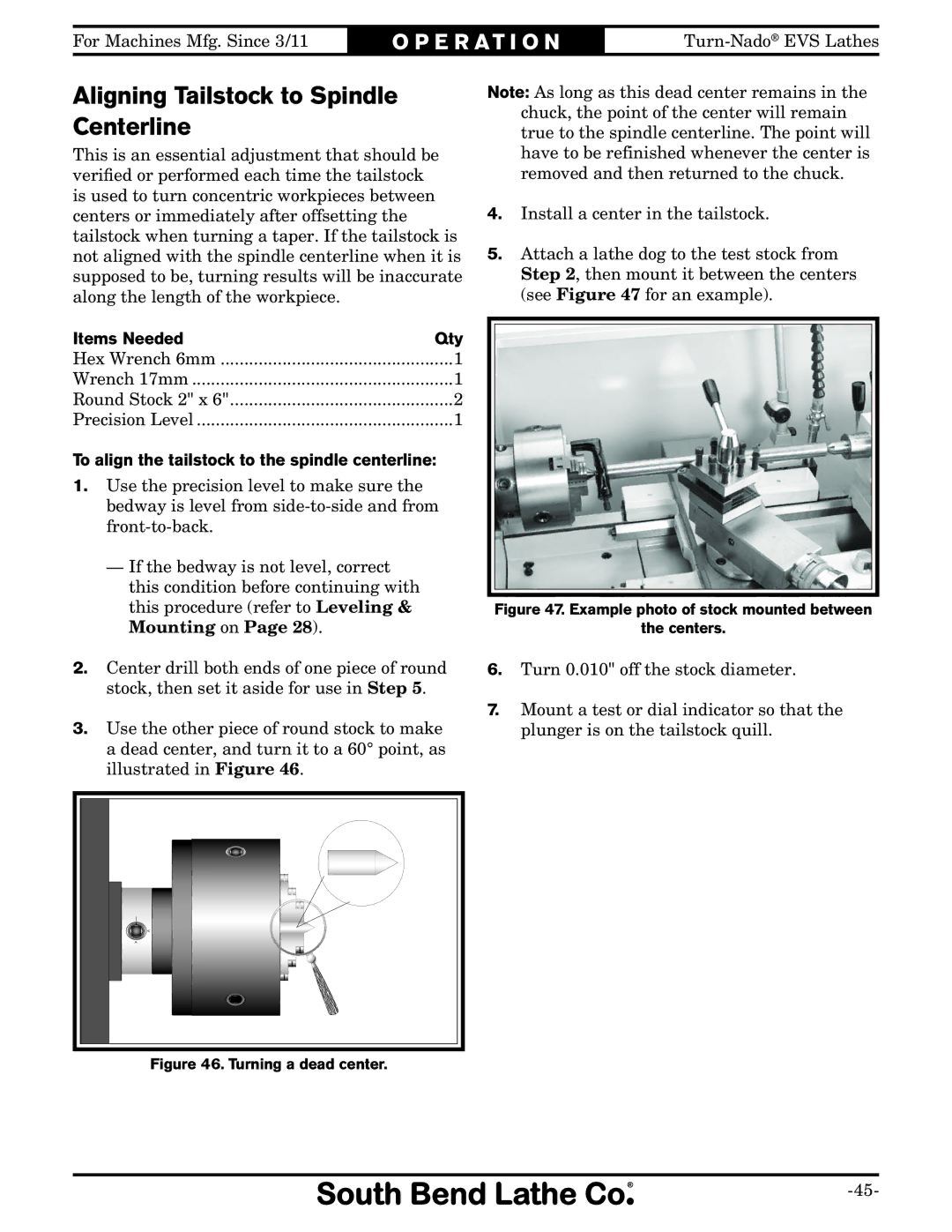 Southbend SB1042PF owner manual Aligning Tailstock to Spindle Centerline, Items Needed Qty 