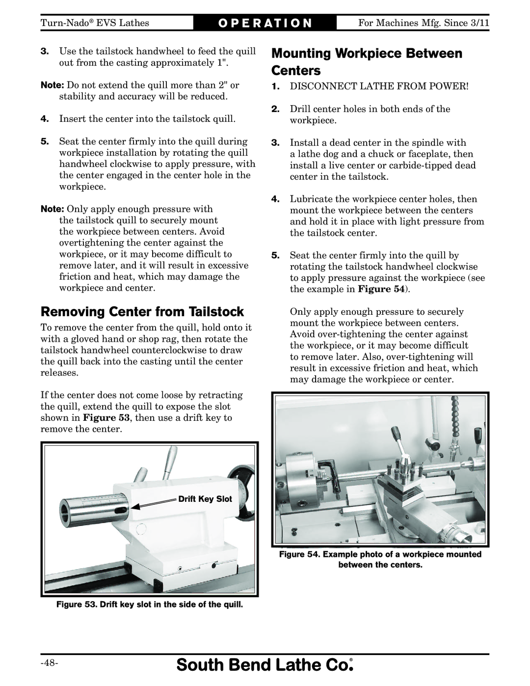 Southbend SB1042PF owner manual Removing Center from Tailstock, Mounting Workpiece Between Centers 