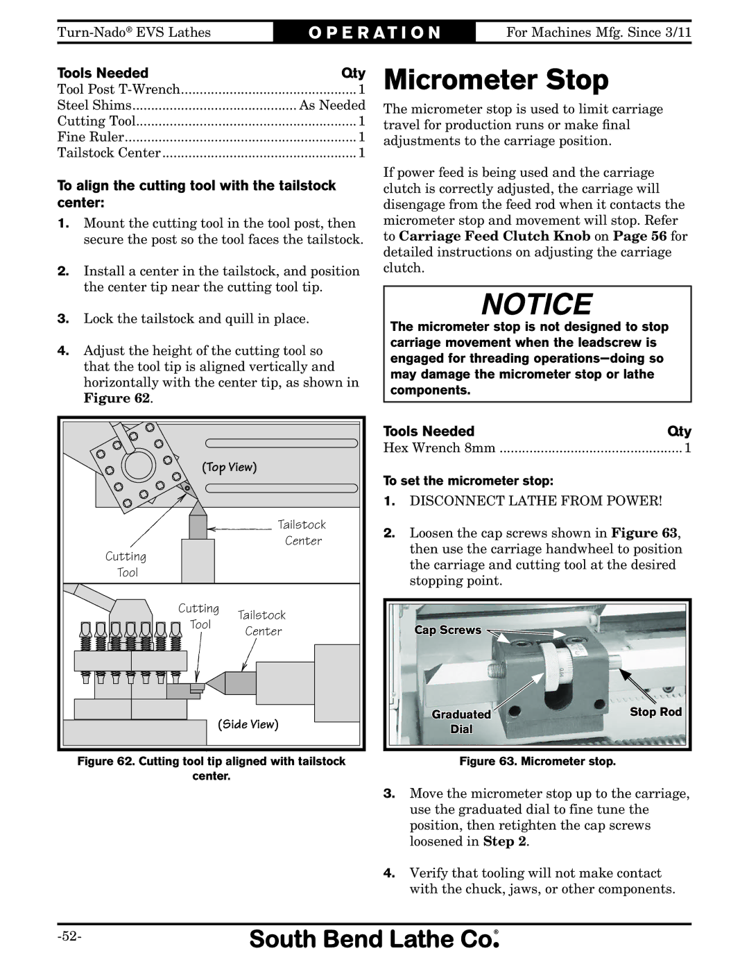 Southbend SB1042PF owner manual Micrometer Stop, To align the cutting tool with the tailstock center, Side View 