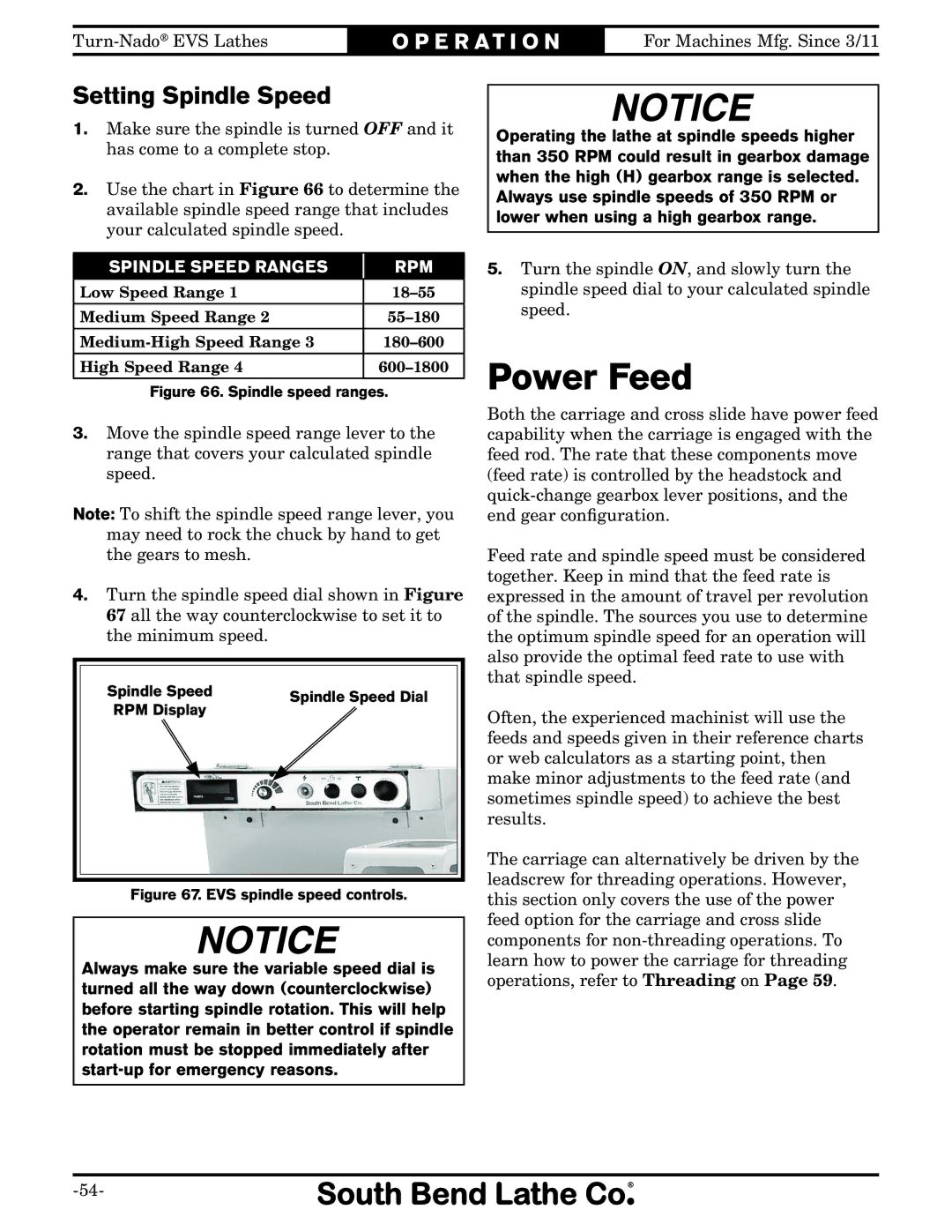 Southbend SB1042PF owner manual Power Feed, Setting Spindle Speed 