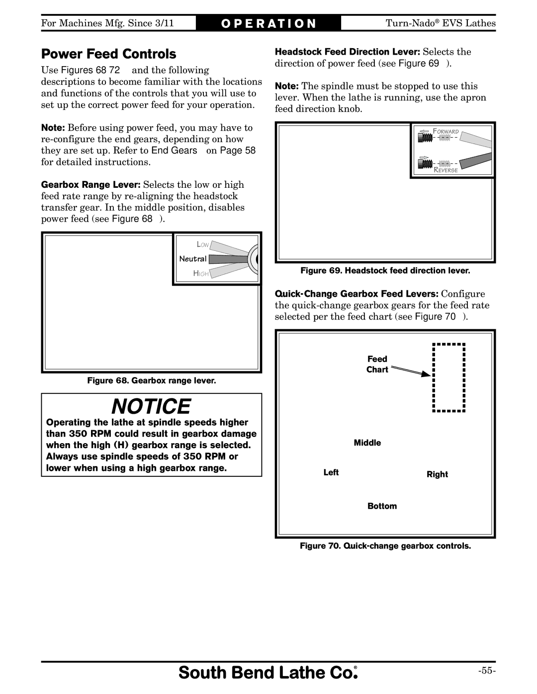 Southbend SB1042PF owner manual Power Feed Controls, Gearbox range lever 