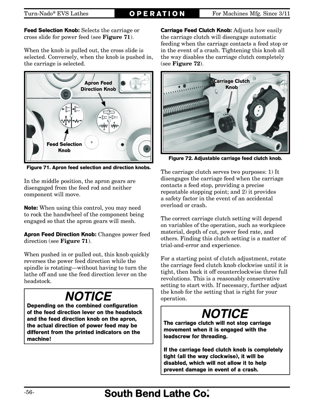 Southbend SB1042PF owner manual Apron feed selection and direction knobs 