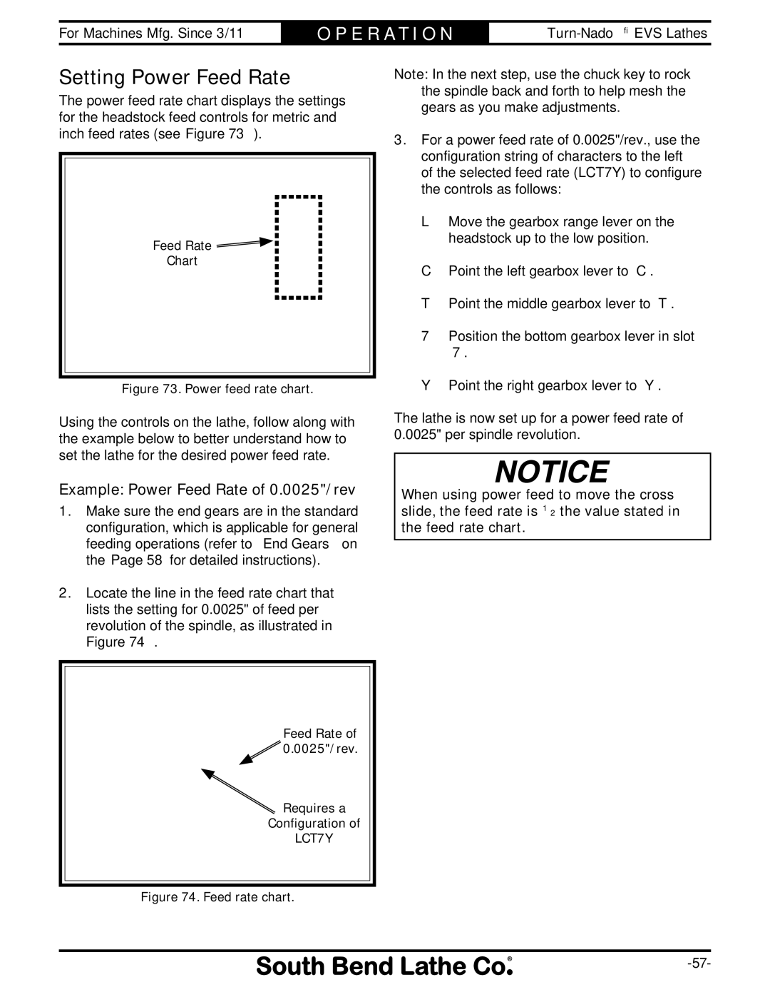 Southbend SB1042PF owner manual Setting Power Feed Rate, Example Power Feed Rate of 0.0025/rev 