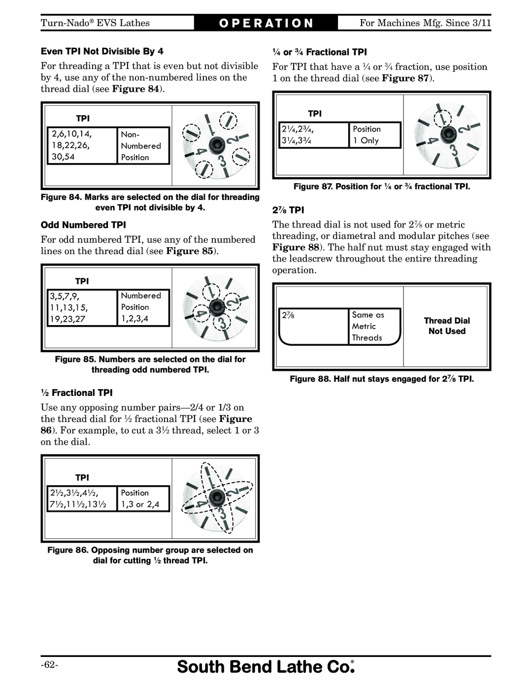 Southbend SB1042PF Even TPI Not Divisible By, Odd Numbered TPI, ⁄2 Fractional TPI, ⁄4 or 3⁄4 Fractional TPI, 27⁄8 TPI 