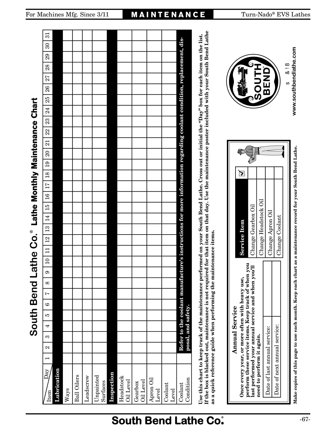 Southbend SB1042PF owner manual South Bend Lathe Co. Lathe Monthly Maintenance Chart 