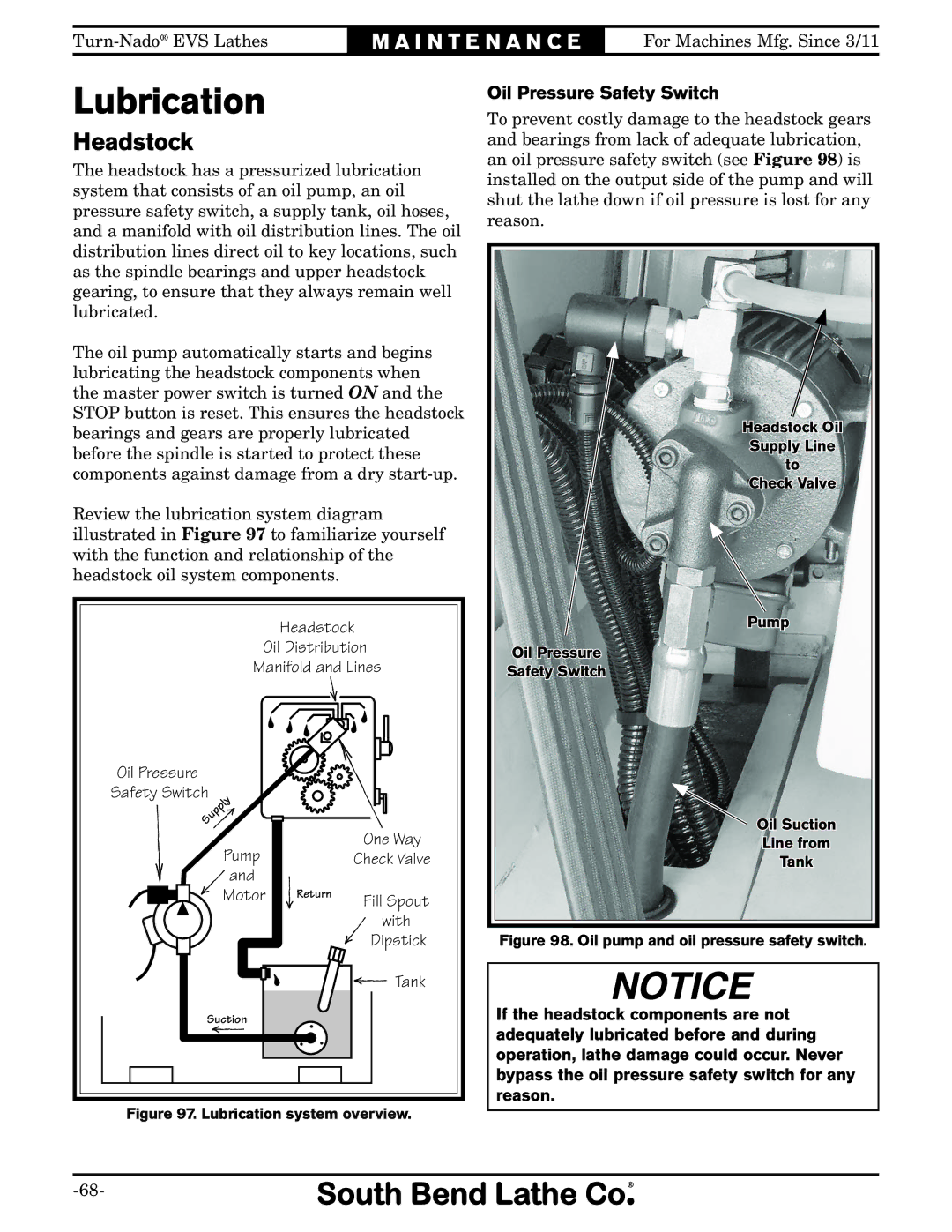 Southbend SB1042PF owner manual Lubrication, Headstock, Oil Pressure Safety Switch 