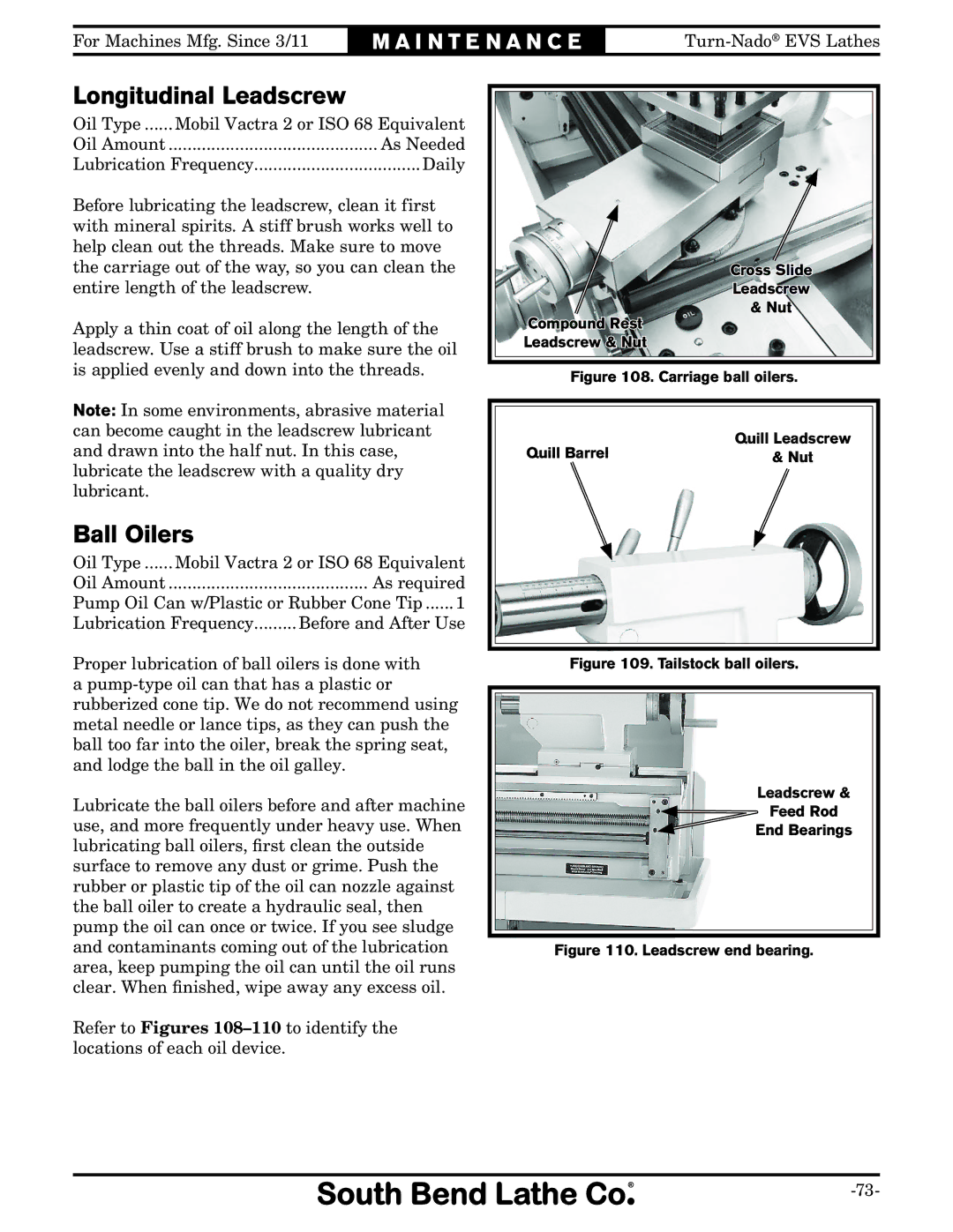 Southbend SB1042PF owner manual Longitudinal Leadscrew, Ball Oilers 