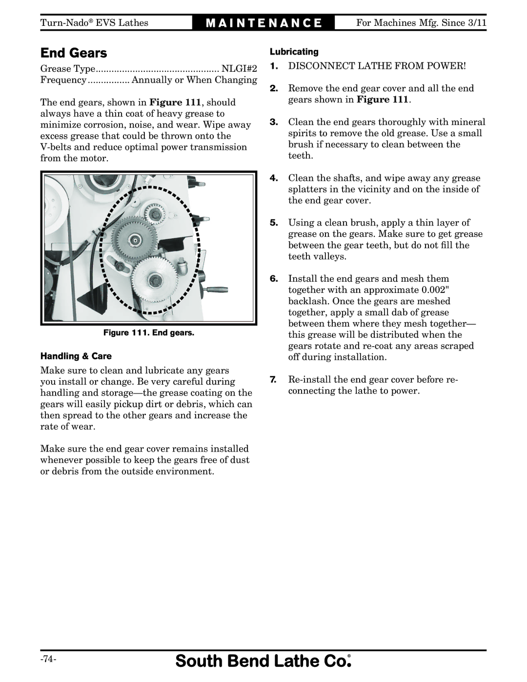 Southbend SB1042PF owner manual End Gears, Handling & Care, Lubricating 