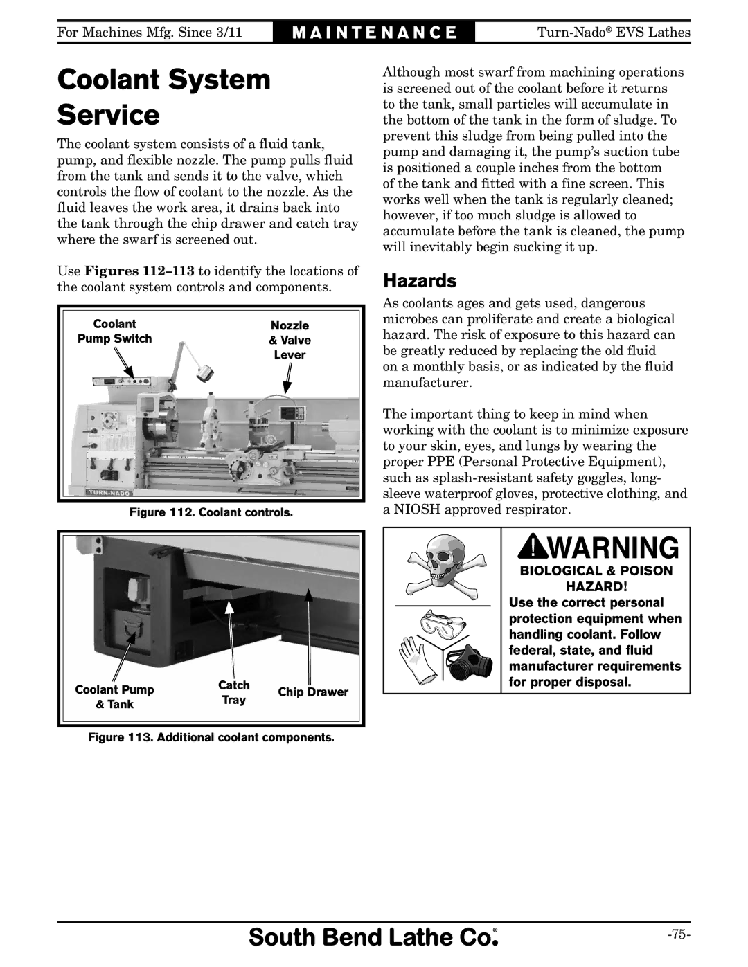 Southbend SB1042PF owner manual Coolant System Service, Hazards 