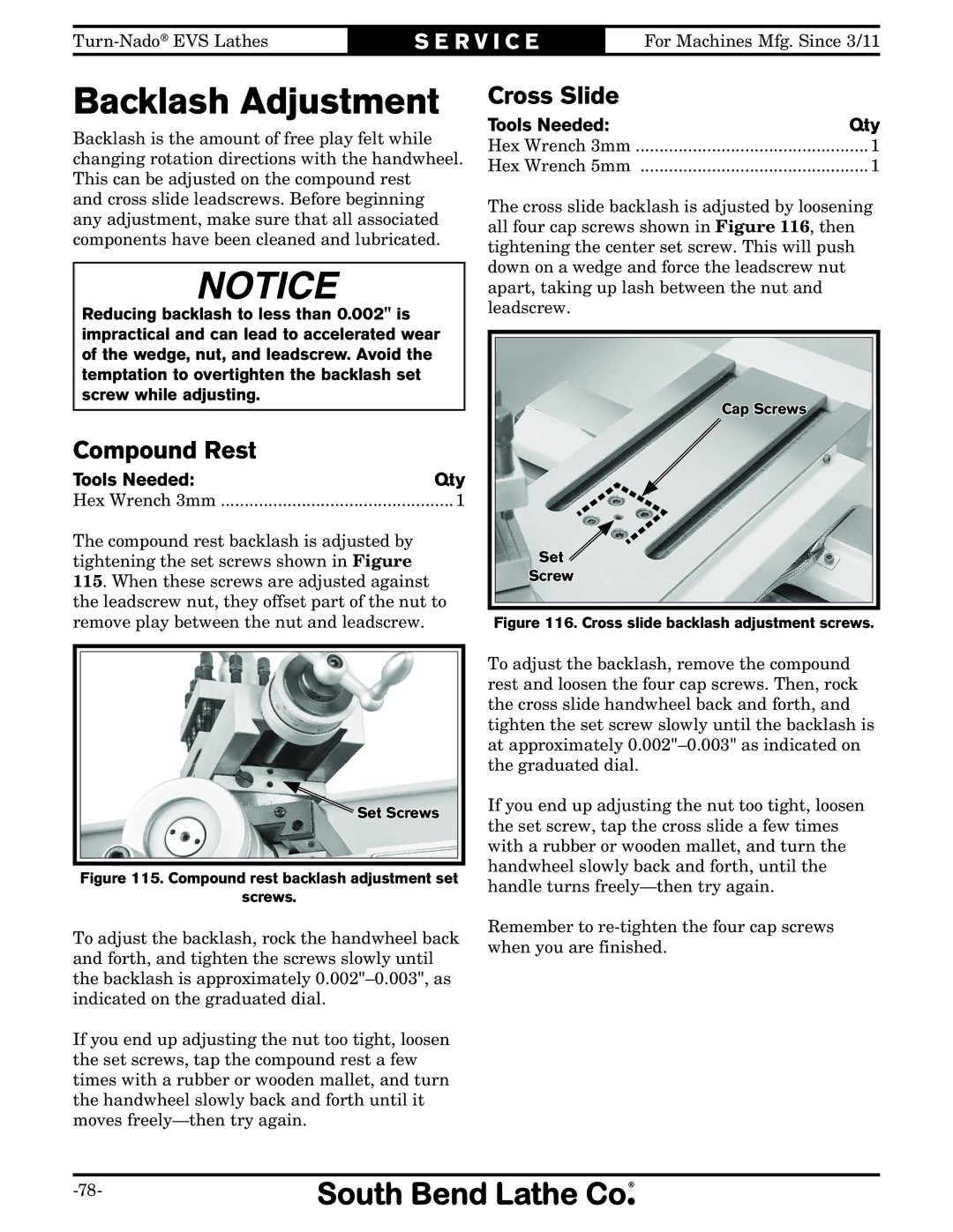 Southbend SB1042PF owner manual Backlash Adjustment, Compound Rest, Cross Slide 