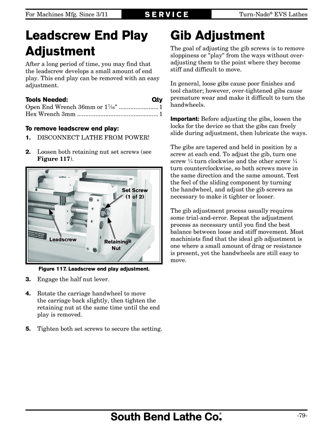 Southbend SB1042PF owner manual Leadscrew End Play Adjustment, Gib Adjustment, To remove leadscrew end play 