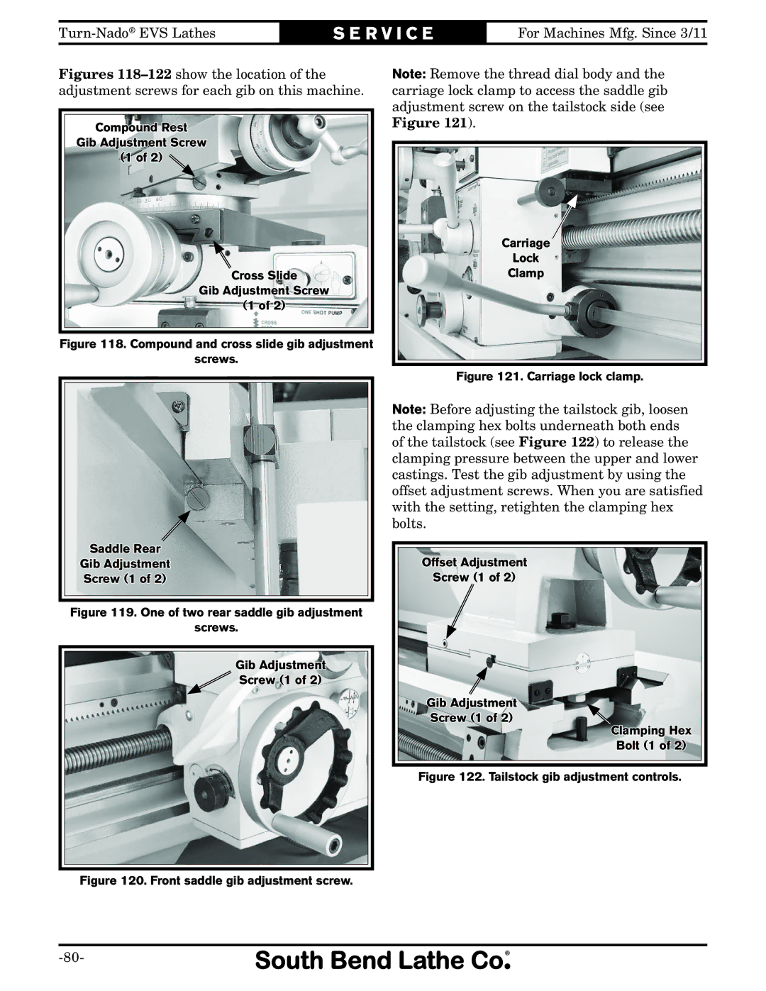 Southbend SB1042PF owner manual Front saddle gib adjustment screw Carriage Lock Clamp 