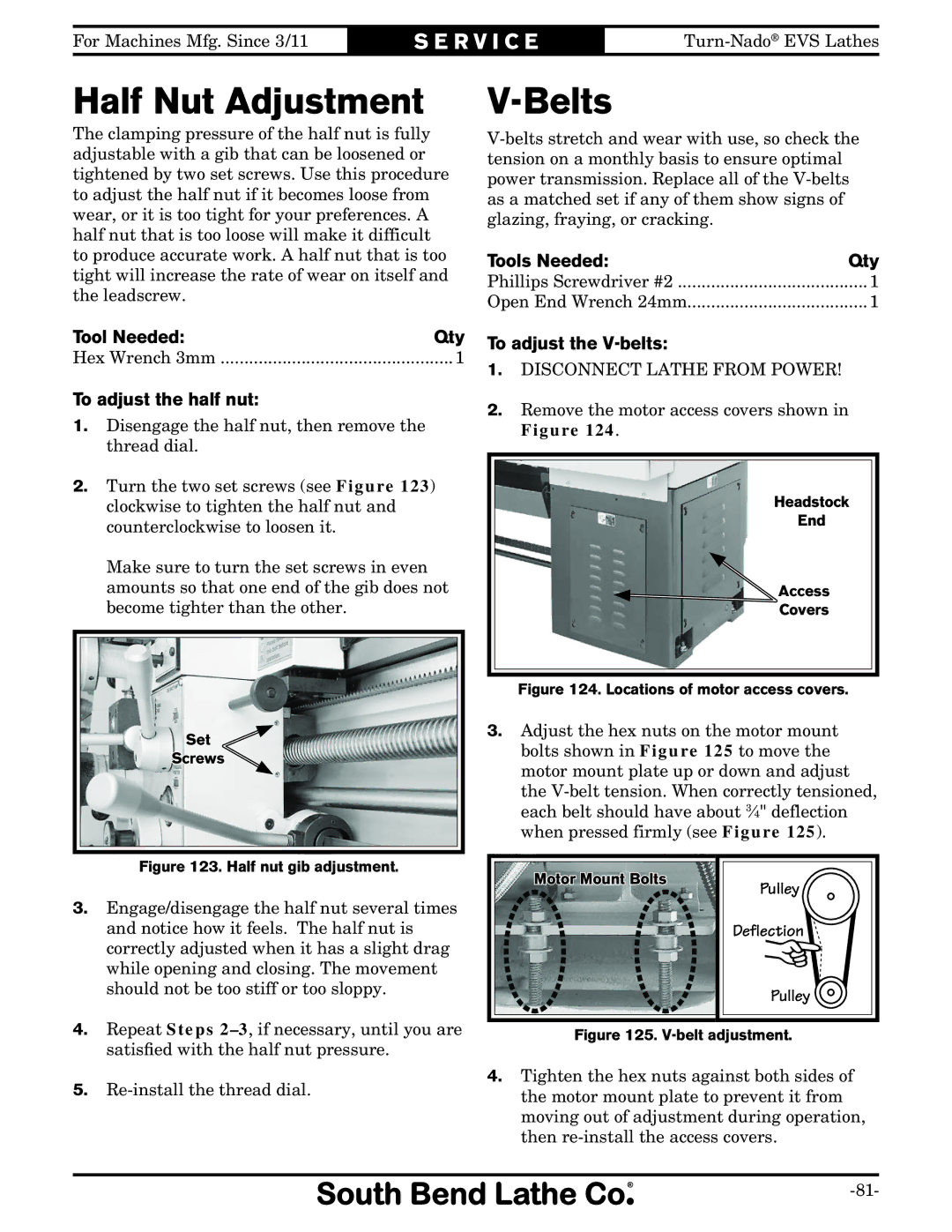 Southbend SB1042PF Half Nut Adjustment, Belts, To adjust the half nut, To adjust the V-belts, Pulley Deflection 