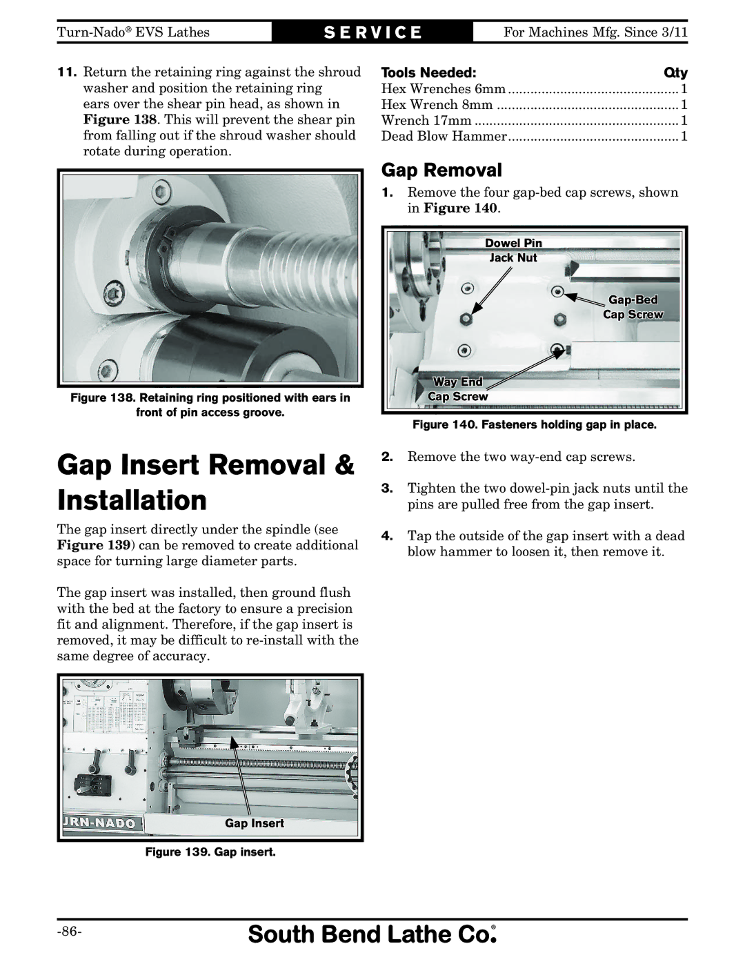 Southbend SB1042PF owner manual Gap Insert Removal & Installation, Gap Removal 