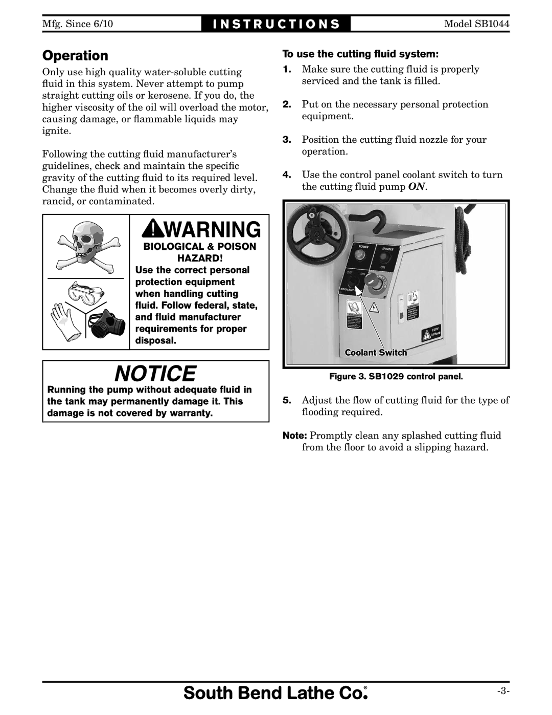 Southbend SB1044 instruction sheet Operation, To use the cutting fluid system 